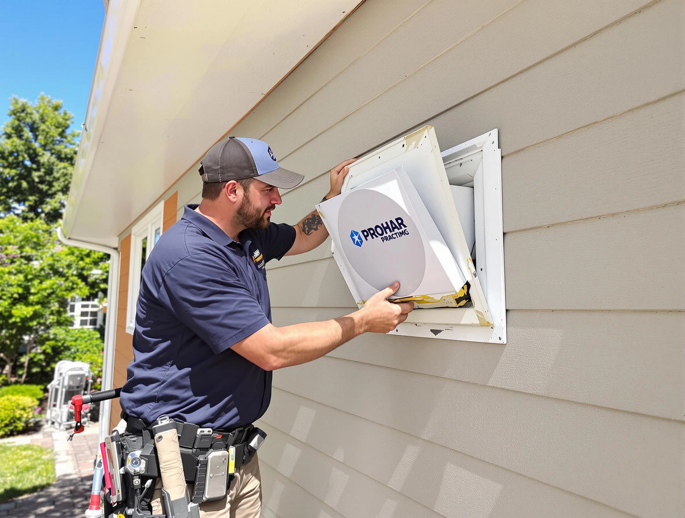 Forest Park Dryer Vent Cleaning technician installing a new protective dryer vent cover on a home in Forest Park