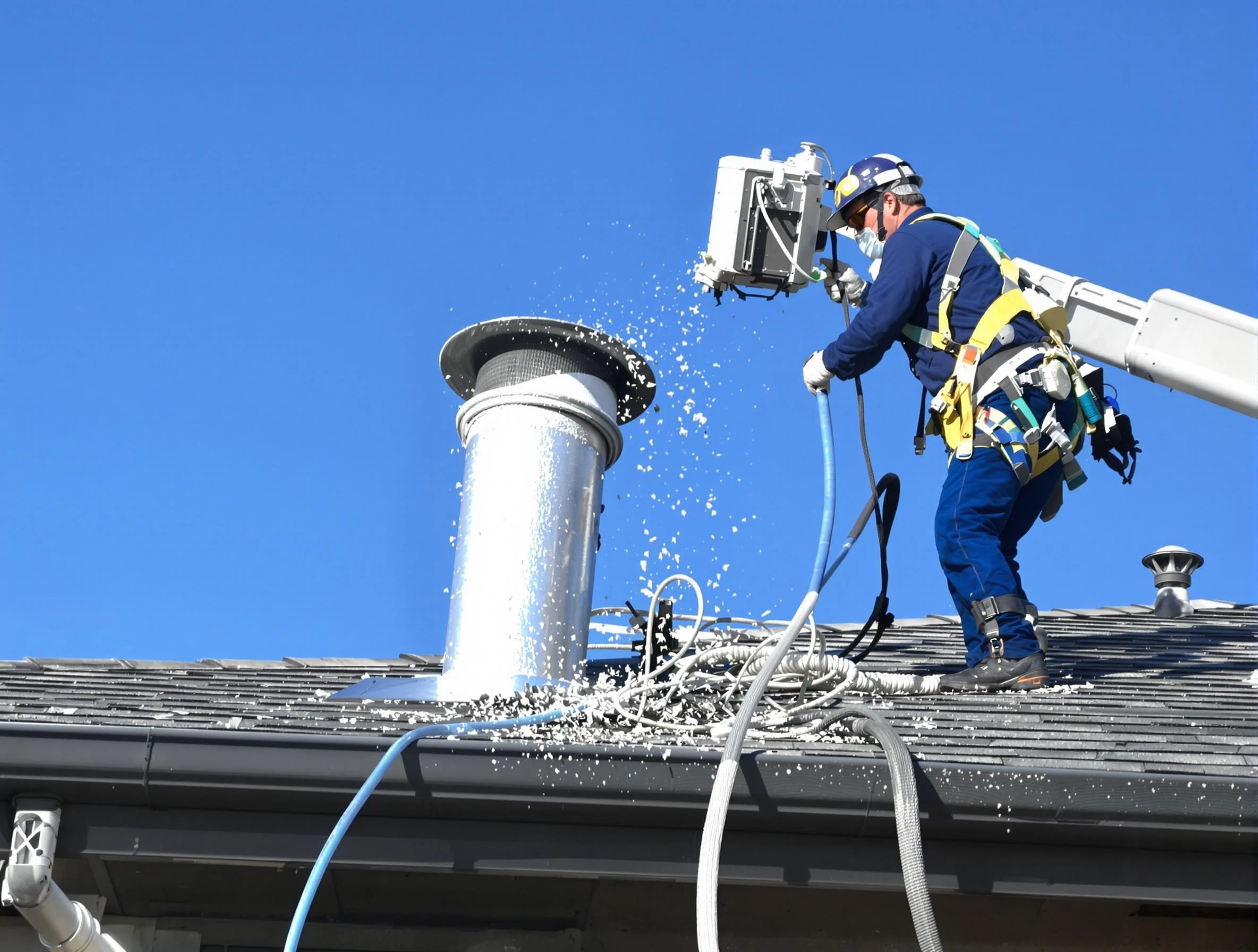 Forest Park Dryer Vent Cleaning certified technician safely cleaning a roof-mounted dryer vent in Forest Park